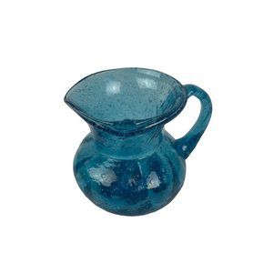 Small Blue Glass Bubble Glass Handled Pitcher 2"h